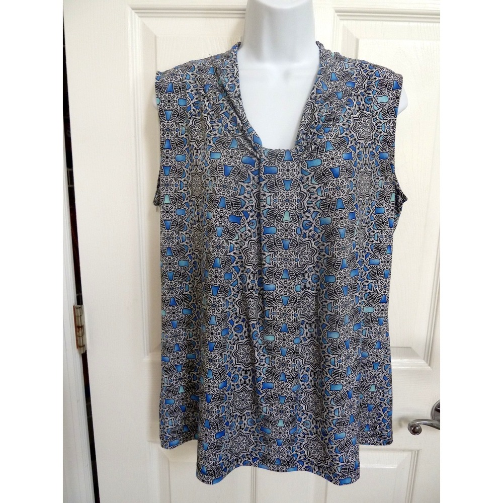 Dana Buchman Blue Geometric Sleeveless V-Neck Blouse Career Top Large